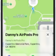 A screen from the Find My app on iPhone. The location of AirPods Pro is shown on a map of Cupertino, along with an address listed and the options Play Sound, Directions, and Settings.