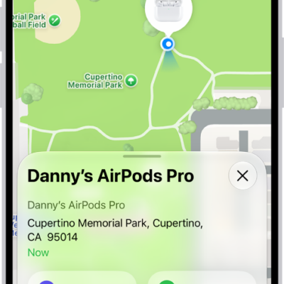 A screen from the Find My app on iPhone. The location of AirPods Pro is shown on a map of Cupertino, along with an address listed and the options Play Sound, Directions, and Settings.
