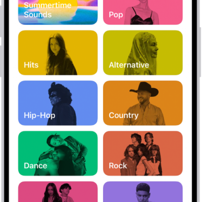 The Search tab showing a search field at the top. Multiple categories of music appear below, such as Hits and Pop.