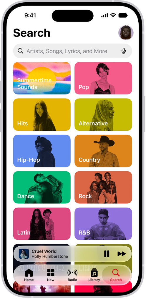 The Search tab showing a search field at the top. Multiple categories of music appear below, such as Hits and Pop.