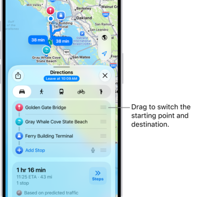 A map with several possible routes for driving directions between My Location and a destination.