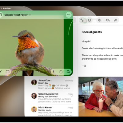 An iPad screen with three apps open and a selected window layout that arranges them in thirds on the screen.