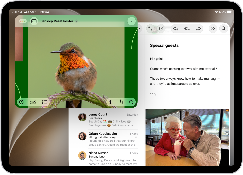 An iPad screen with three apps open and a selected window layout that arranges them in thirds on the screen.