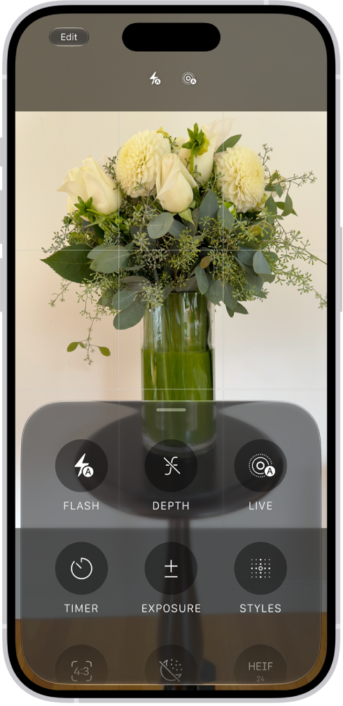 The Camera in Photo mode. At the bottom of the screen are buttons for the following camera controls: Flash, Live, Timer, Exposure, Styles, and Aspect.