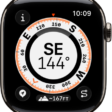 The Compass app showing a dial with the compass heading in the middle, a dot representing a waypoint in the inner ring, and compass points on the outer ring. The Info button is at the top left, the Waypoints button is at the lower left, the Elevation button is at the middle bottom, and the Backtrack button is at the lower right.