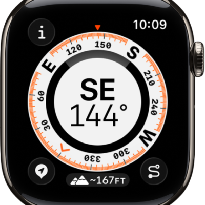 The Compass app showing a dial with the compass heading in the middle, a dot representing a waypoint in the inner ring, and compass points on the outer ring. The Info button is at the top left, the Waypoints button is at the lower left, the Elevation button is at the middle bottom, and the Backtrack button is at the lower right.