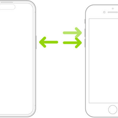 Two iPhone models, one with a Home button and one without, screens facing up. The volume buttons of each are on the left, and the side button is on the right.