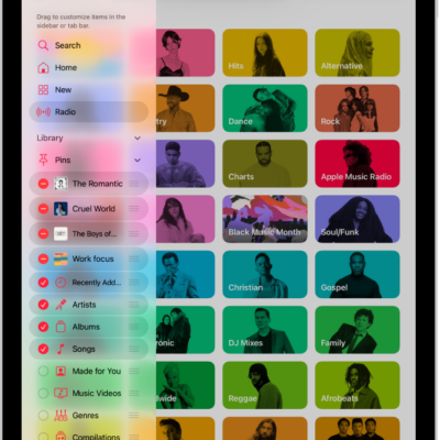 iPad in portrait orientation, showing options to edit the sidebar at the left and the tab bar at the top of the screen.