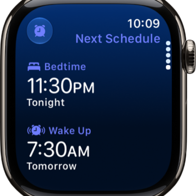 The Sleep app on Apple Watch showing the evening's sleep schedule. Bedtime appears at the top, and Wake Up time is below it.