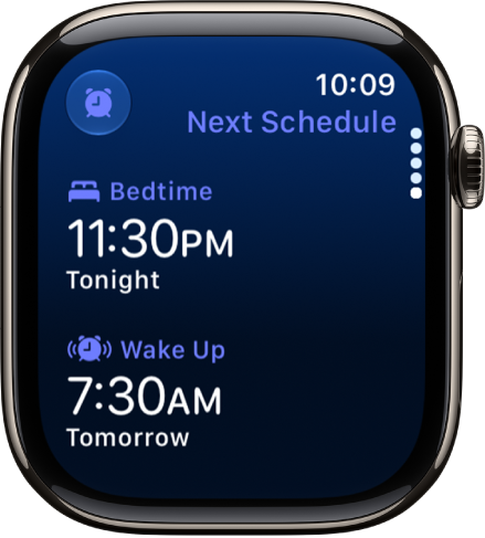 The Sleep app on Apple Watch showing the evening’s sleep schedule. Bedtime appears at the top, and Wake Up time is below it.