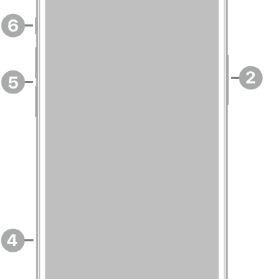 The front view of iPhone 14. The front camera is at the top center. The side button is on the right side. The Lightning connector is on the bottom. On the left side, from bottom to top, are the SIM tray, the volume buttons, and the Ring/Silent switch.