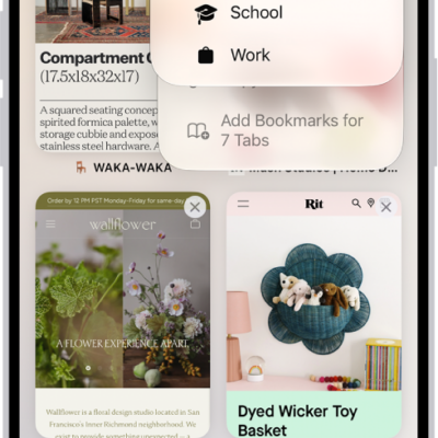 An iPhone screen, showing currently open tabs and a menu of Personal, School, and Work profiles. The Personal profile is selected.
