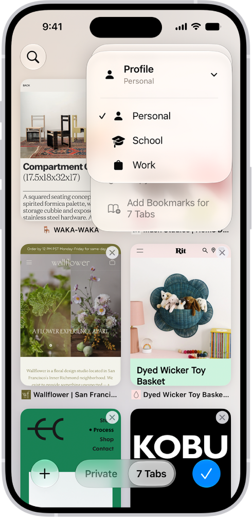 An iPhone screen, showing currently open tabs and a menu of Personal, School, and Work profiles. The Personal profile is selected.