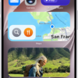 The Photos, Maps, and Music widgets on the iPhone Home Screen. The Music widget displays interactive features.