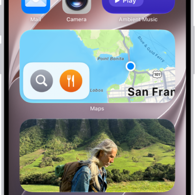 The Photos, Maps, and Music widgets on the iPhone Home Screen. The Music widget displays interactive features.