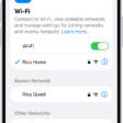 The Wi-Fi options screen in Settings. Wi-Fi is turned on, and a network is selected.