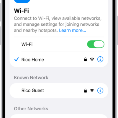 The Wi-Fi options screen in Settings. Wi-Fi is turned on, and a network is selected.