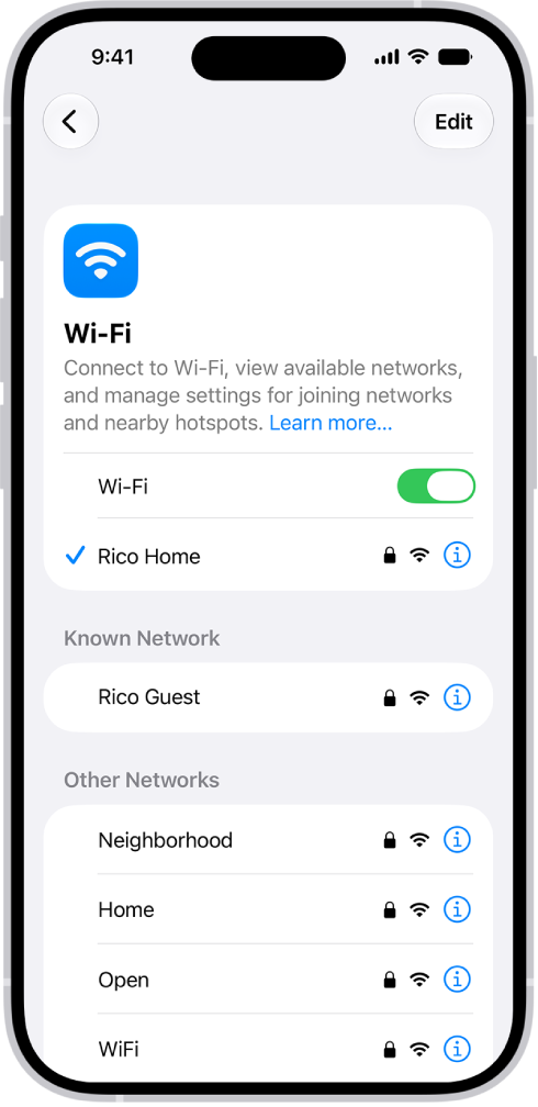 The Wi-Fi options screen in Settings. Wi-Fi is turned on, and a network is selected.