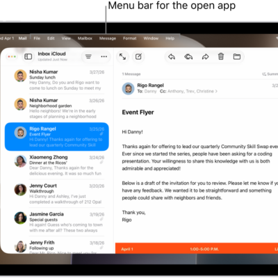 The Mail app open on the iPad screen, with the menu bar showing at the top of the screen.