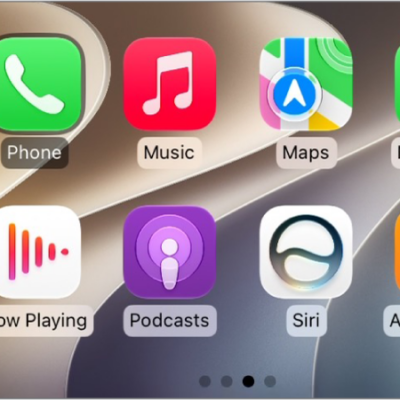 The CarPlay Home Screen showing Maps, Music, and Messages in the sidebar. To the right is a collection of other app icons.