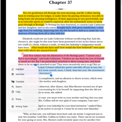 A page of a book in the Books app, with a portion of the page's text selected. The Highlight, Add Note, Translate, Search, Copy, and Share buttons are above the selected text.