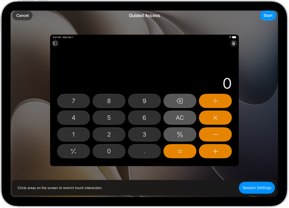 An iPad screen showing Guided Access being set up. iPad is being temporarily locked to just the Calculator app, and one of the buttons in the app has been disabled.