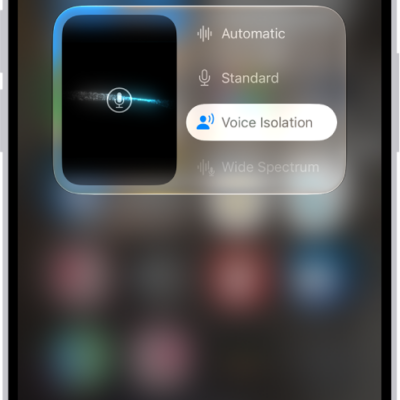 The Control Center settings for FaceTime calls, showing the audio settings Automatic, Standard, Voice Isolation, and Wide Spectrum.