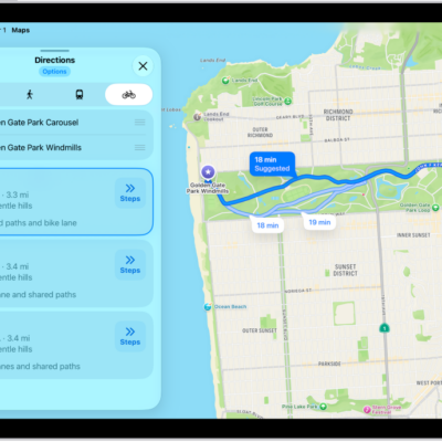 A map showing several cycling routes, each listed with a Steps button.