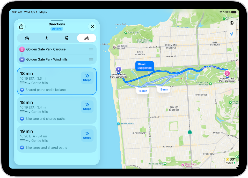 A map showing several cycling routes, each listed with a Steps button.