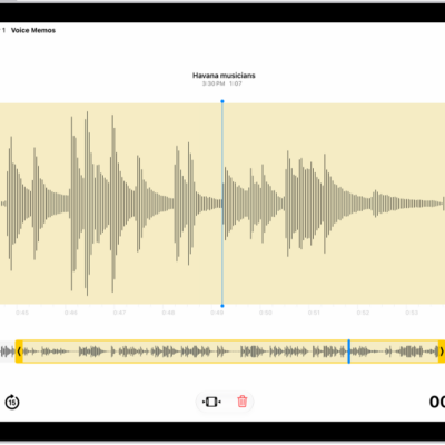 A recording is being edited, with the yellow trim handles enclosing a portion of the audio waveform at the bottom of the screen. To the left of the Playback controls are the Trim button (for deleting the part of the recording outside the handles) and the Delete button (for deleting the part of the recording outside the handles).