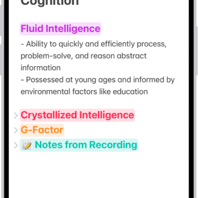 A note in the Notes app, with collapsible headings at the top of the screen.