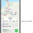 A map showing several route options between two locations, with buttons for choosing other travel modes, switching the starting point and destination, and viewing directions as steps.