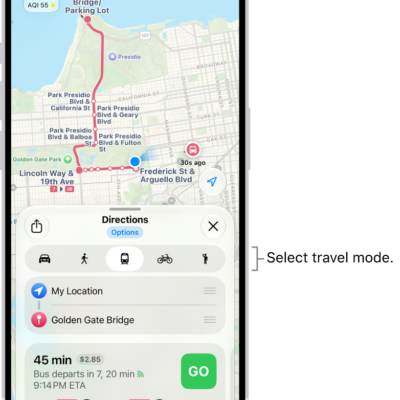 A map showing several route options between two locations, with buttons for choosing other travel modes, switching the starting point and destination, and viewing directions as steps.