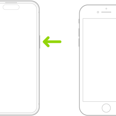 Two iPhone models, screens facing up. On the iPhone with Face ID, the volume buttons are on the left and the side button is on the right. On the iPhone with the Home button, the side button is on the right.