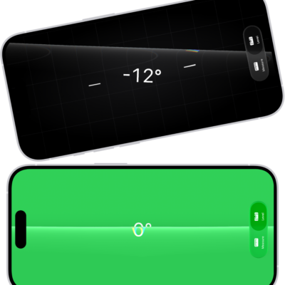 The level screen in the Measure app. On the top, iPhone is tilted at an angle of 10 degrees; on the bottom, iPhone is level.