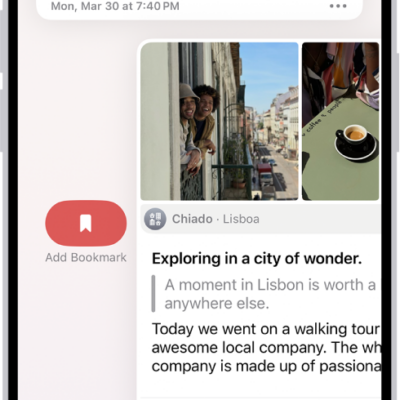 A screen in the Journal app showing journal entries. One entry is swiped right and shows the Bookmark button.