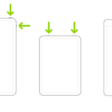 Three iPad models. Two iPad models have a top button; one iPad model has volume buttons on the side, and the other has volume buttons at the top. Arrows point to the top buttons and volume buttons. The third iPad has a Home button, and an arrow points to the Home button and the top button.