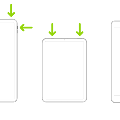 Three iPad models. Two iPad models have a top button; one iPad model has volume buttons on the side, and the other has volume buttons at the top. Arrows point to the top buttons and volume buttons. The third iPad has a Home button, and an arrow points to the Home button and the top button.