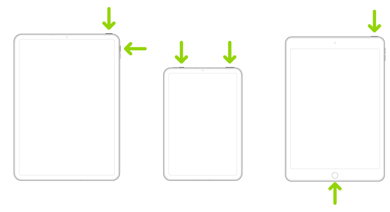 Three iPad models. Two iPad models have a top button; one iPad model has volume buttons on the side, and the other has volume buttons at the top. Arrows point to the top buttons and volume buttons. The third iPad has a Home button, and an arrow points to the Home button and the top button.