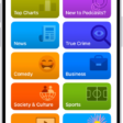 The Search tab in the Podcasts app, showing podcast categories. Toward the bottom of the screen is the MiniPlayer. Below that are the Home, New, Library, and Search buttons.