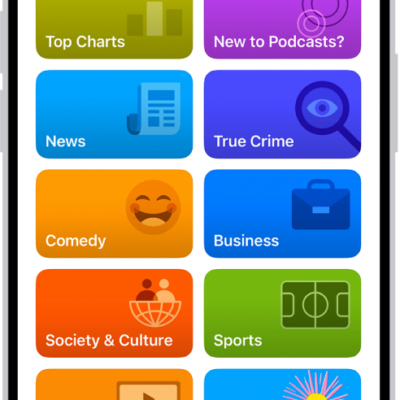 The Search tab in the Podcasts app, showing podcast categories. Toward the bottom of the screen is the MiniPlayer. Below that are the Home, New, Library, and Search buttons.