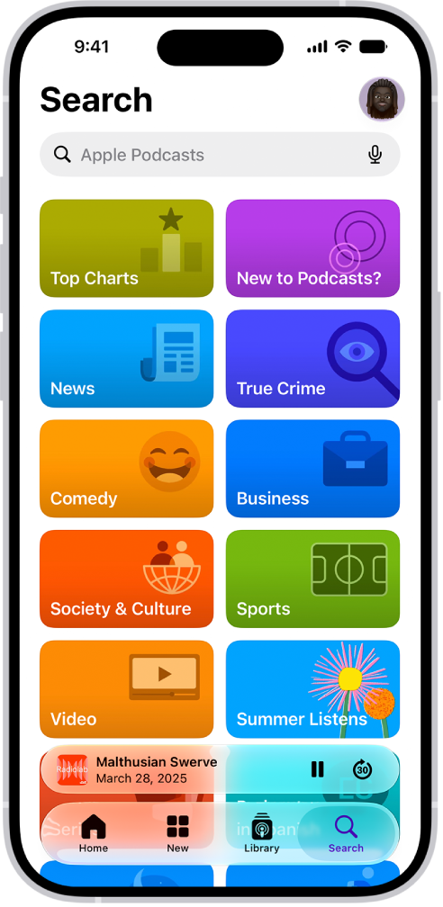 The Search tab in the Podcasts app, showing podcast categories. Toward the bottom of the screen is the MiniPlayer. Below that are the Home, New, Library, and Search buttons.