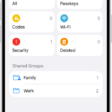 The Home Screen for the Passwords app, with buttons for All, Passkeys, Verification Codes, W-Fi, Security, and Deleted, along with a list of Shared Groups.
