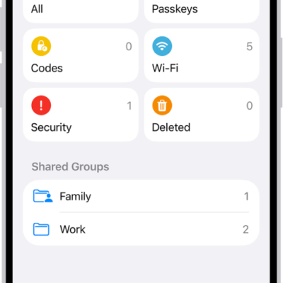The Home Screen for the Passwords app, with buttons for All, Passkeys, Verification Codes, W-Fi, Security, and Deleted, along with a list of Shared Groups.
