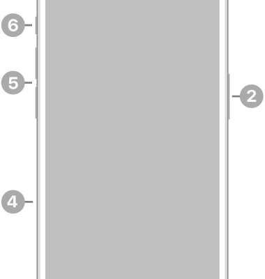 The front view of iPhone 15 Pro. The front camera is at the top center. The side button is on the right side. The USB-C connector is on the bottom. On the left side, from bottom to top, are the SIM tray, the volume buttons, and the Action button.