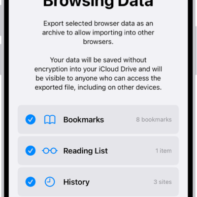 The Export Browsing Data screen, with the Passwords option selected for export to another password manager.