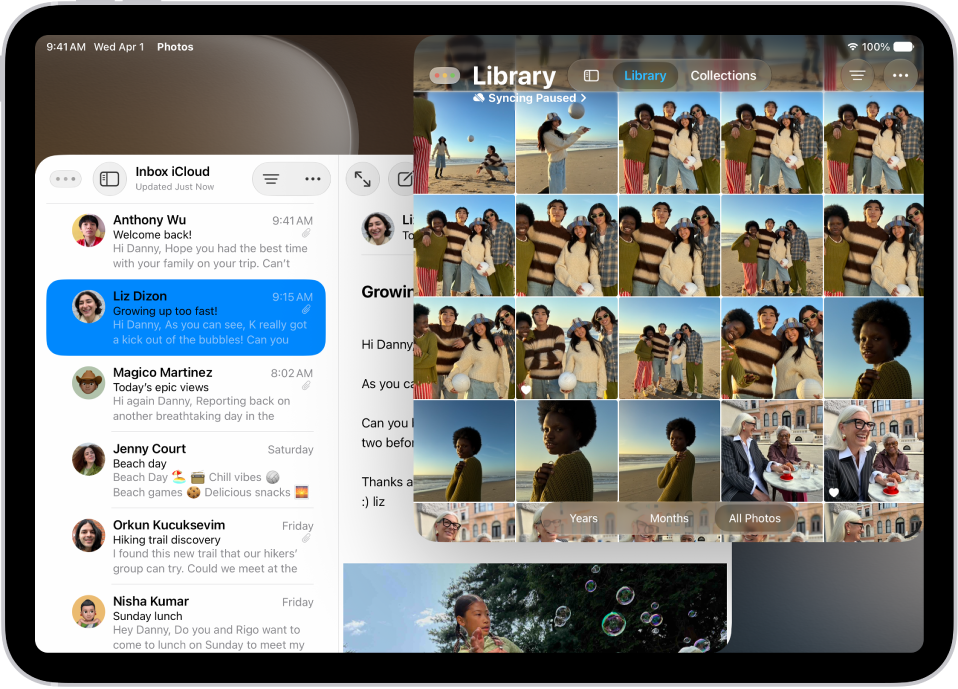 An iPad screen showing work in progress across two Notes windows and one Mail window.