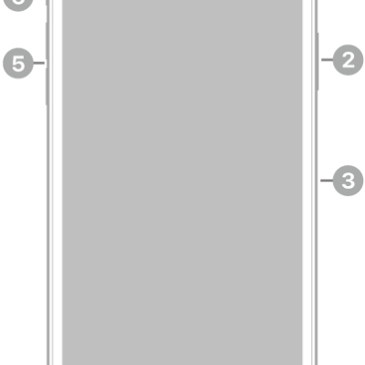 The front view of iPhone 11 Pro Max. The front camera is at the top center. On the right side, from top to bottom, are the side button and the SIM tray. The Lightning connector is on the bottom. On the left side, from bottom to top, are the volume buttons and the Ring/Silent switch.