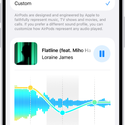 iPhone screen showing Equalizer set to Custom, with Low, Mid, and High sliders below.