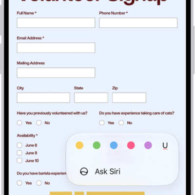 A fillable PDF form with options to highlight and underline text.